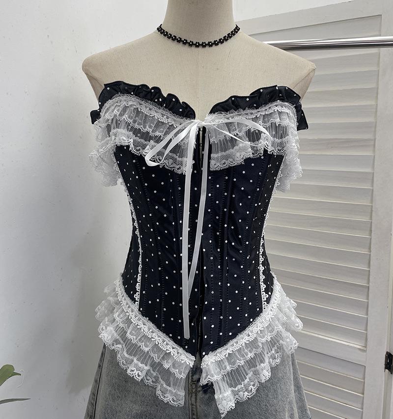 Retro Polka Dot Strapless Lace Trim Crop Top 