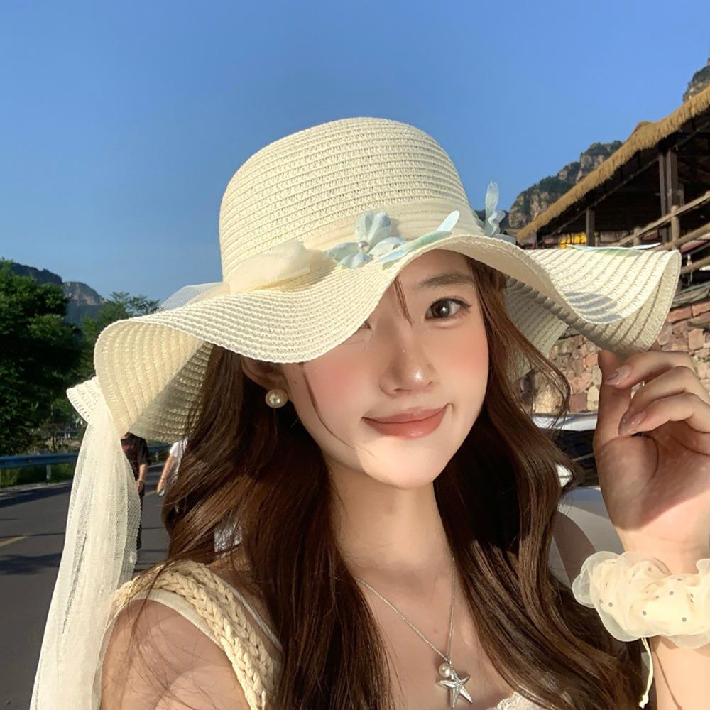 Flower Straw Hat Big Bowknot Wide Brim Hat Lolita Sun Protection Hat  Seaside Vacation