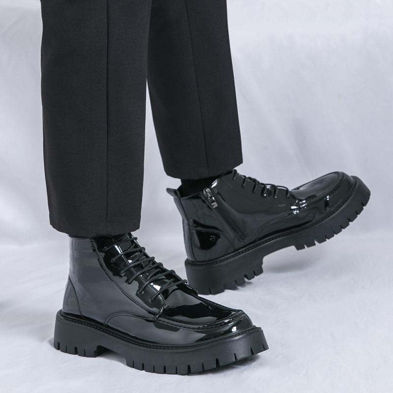 Fashion Shiny Leather Men's Boots Side Zipper Business New Style Comfortable High Top Mens Casual Shoes Classic Design Thick Soled Shoes