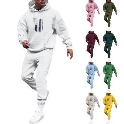 Men's Solid Color Flag Print Hooded Universal Versatile Hooded Sweatshirt Sweatpants Casual Sports Suit