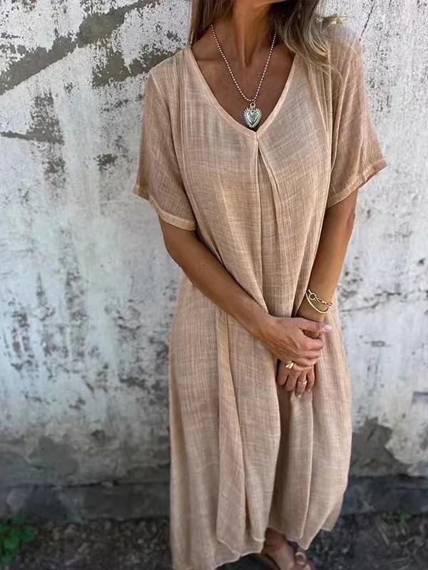 Summer New Women's Fashion Cotton and Hemp V-neck Dress for Women