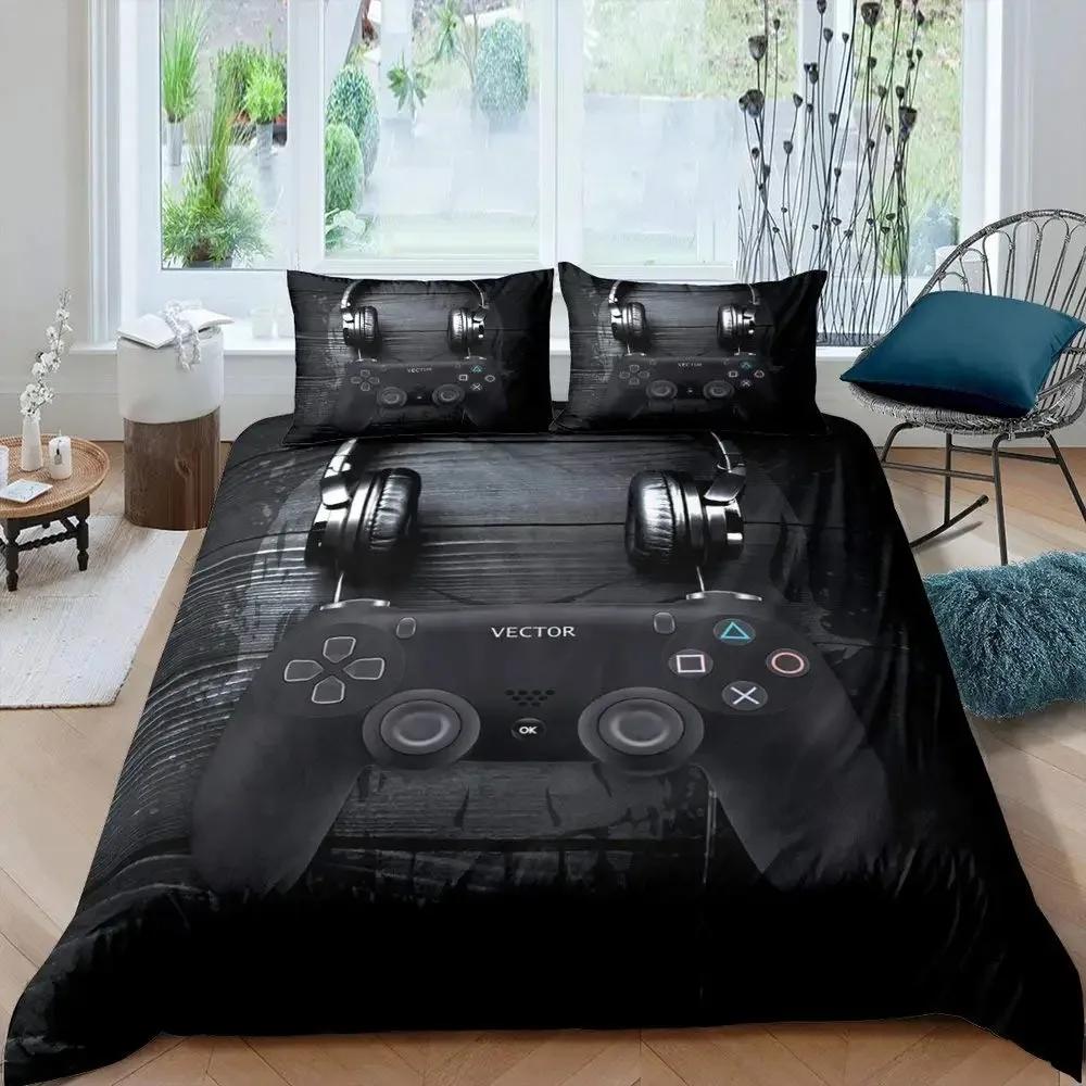 Gamer Duvet Cover Set Rotating Music Comforter Cover Gamepad Gaming Bedding Set for Boys Headphone Bedspreads Cover Queen Size