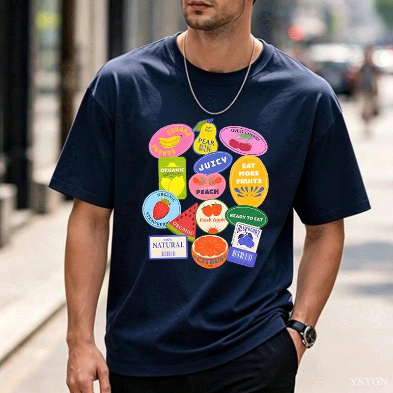 Summer Unisexs Fruit Stickers Graphic Print Tshirt Streetwear Oversized Loose Casual Short Sleeve Suitable For All Seasons Tops