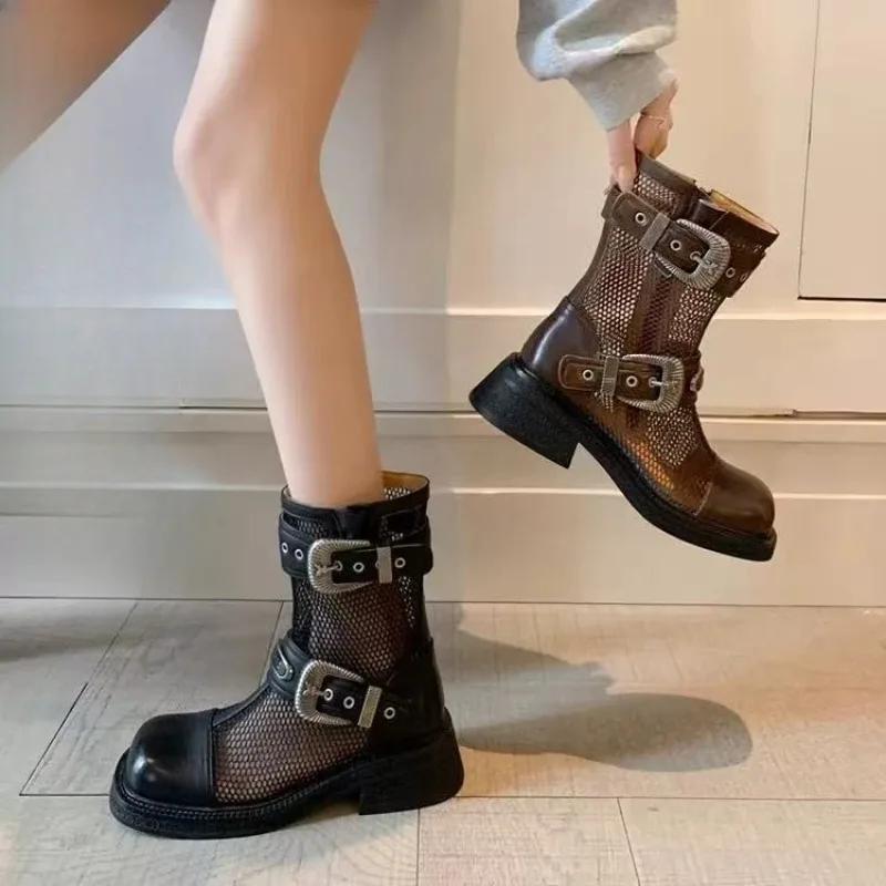 Fashion 2025Leather Mesh Hollow-out Cooling Boots Women's New Block Heel Breathable Western Denim Mesh Boot Buckle Short Thigh Boots cm marrone