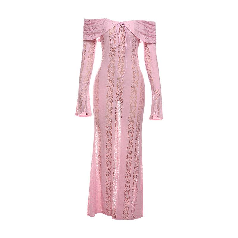 

Осень и Зима Новая Женская Одежда С Открытым Плечом Сексуальный С Длинным Рукавом С Открытыми Плечами Кружевная Ажурная Приталенная Юбка Годе M розовый