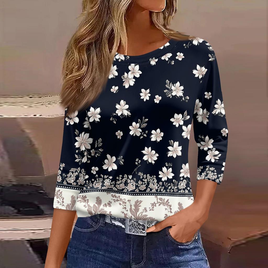 Women's Three-Quarter Sleeve Shirt, Round Neck, Loose Fit, Casual Shirt, Floral Print T-Shirt, Summer