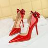 BIGTREE Shoes Designer New Women Pumps Butterfly Knot Pointed Toe Patent Leather 10CM Thin High Heels Fashion Pumps Women Shoes