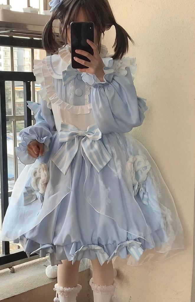 XHSUKADO Lolita Long with Flared Dreamy Cute Cat Claw Big Ruffle School Cultural Size M Women's Dress, Sleeves, Sleeves, Ribbon, Accessory, Collar,