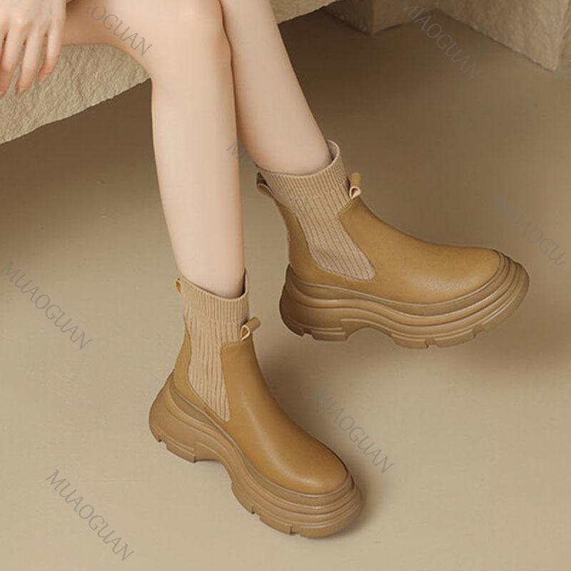 Fashion Knitted Patent Leather Sock Boots for Women Fashion New Thick Bottom Round Head Ankle Boots Casual Spring Autumn Women's Shoes