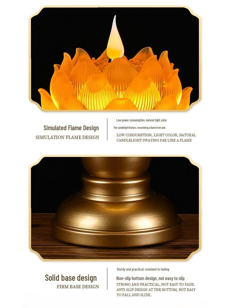 Amber Lotus Flame LED Buddha Offering Lamp - Dual Use: Battery/Plug-in with Floating Candle Holder