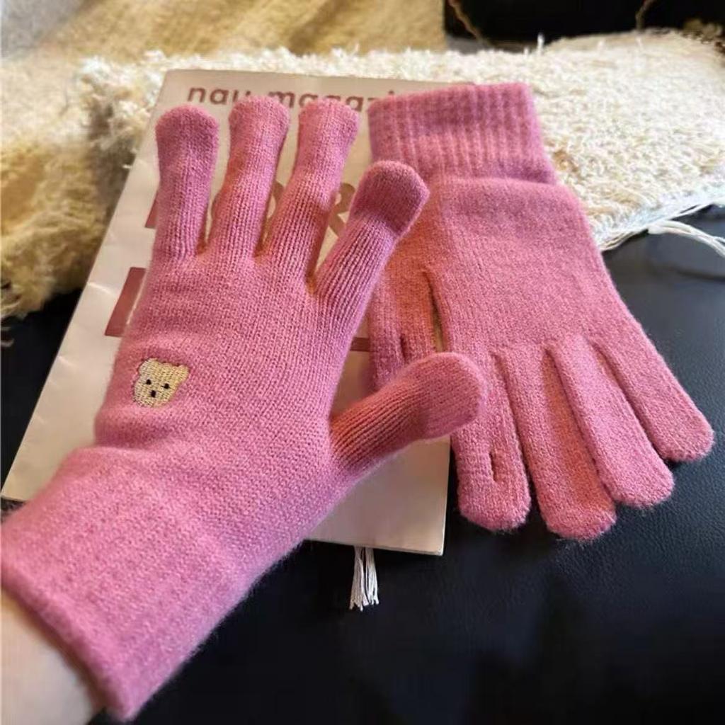 New Autumn and Winter Cute Bear Embroidery Wool Knitted Five-finger Gloves Finger-revealing Female Solid Color