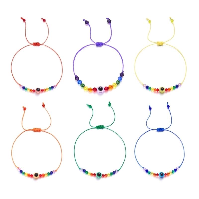 Handcrafted Rainbow Bead Bracelets Adjustable Size Knotted Rope Evil Eye Hanadchain Rainbow Bead Bracelets Women Girl