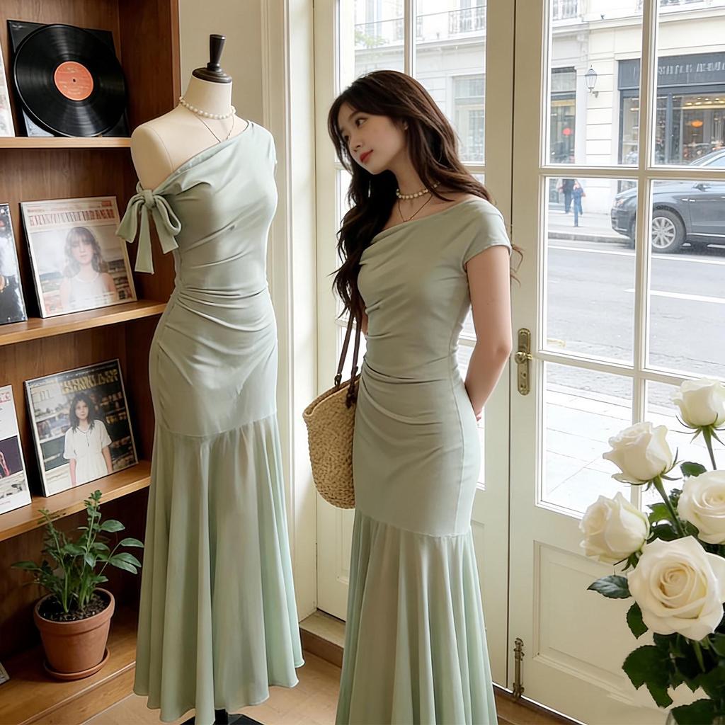 French Style Green Mesh Splicing Dress - Summer 2026