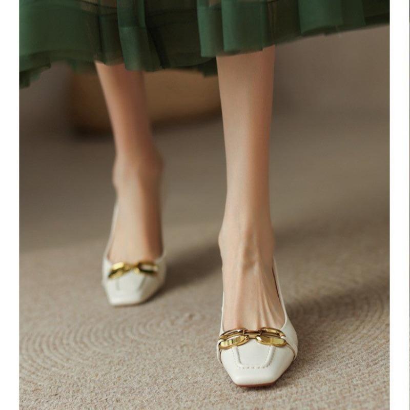 Fashion Women's Heels Shoes Low Heels Pumps Square Toe Chain Boat Shoes New Fashion Office Dress Shoes for Female Spring Autumn 2024