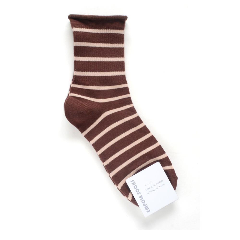 Korean Women's Mid-Calf Cotton Socks: Autumn/Winter Striped & Rolled Edge Sporty Design
