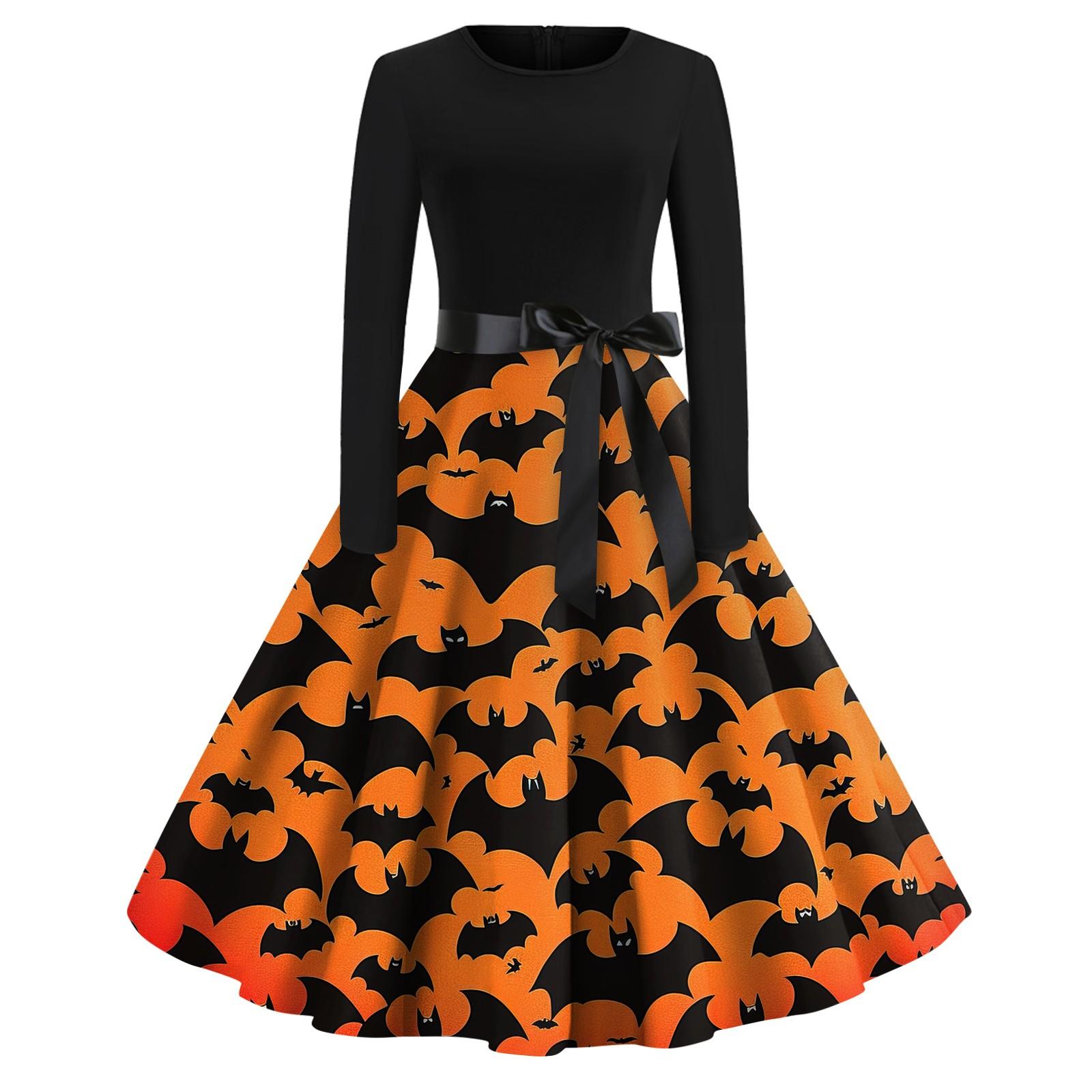 

Платье-клеш с принтом на Хэллоуин для женщин с длинным рукавом, повседневные платья с круглым вырезом и ажурной отделкой XXL жёлтый