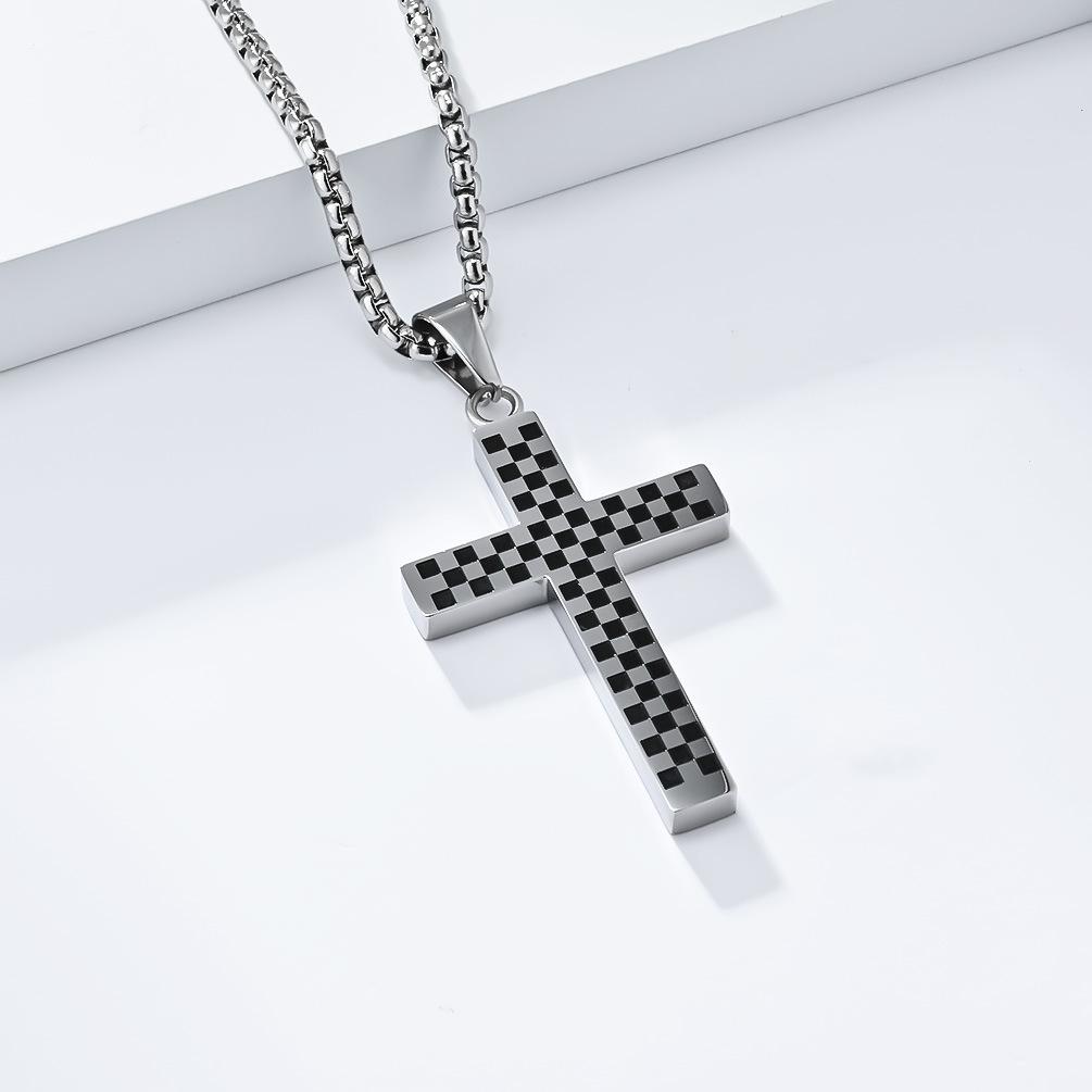 European and American Hip-hop Men s Black and White Checkered Cross Necklace Design Prayer Pendant 60CM