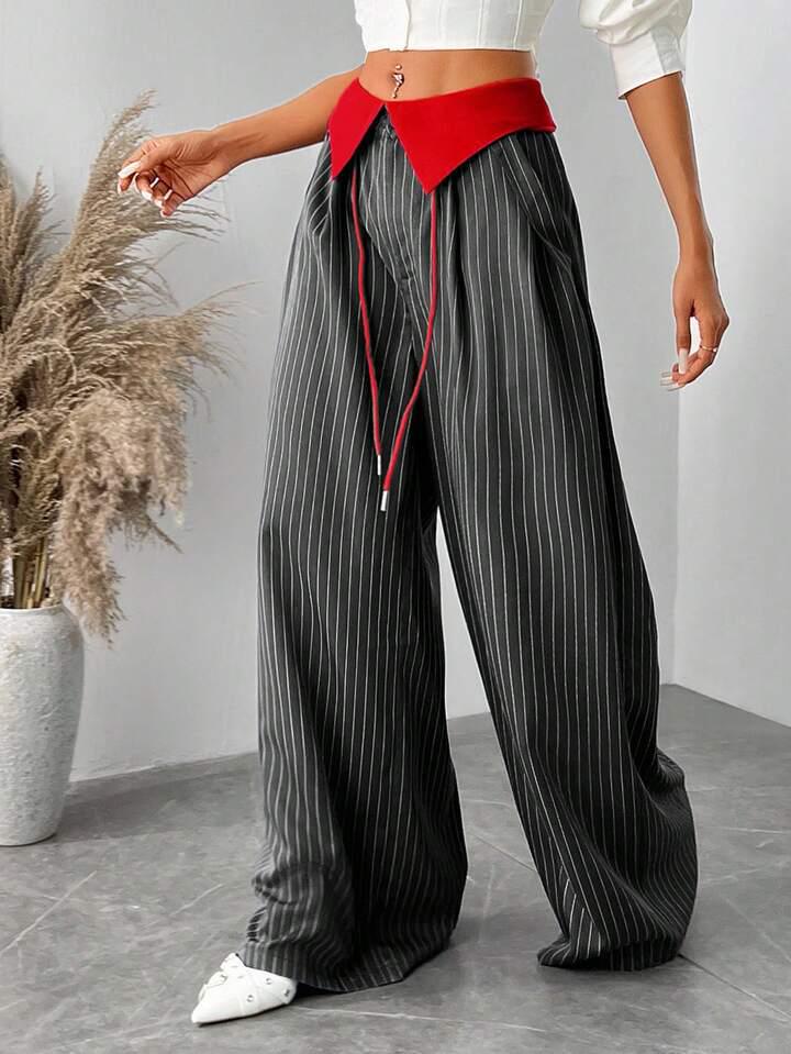 

Women s Retro Pinstripe Wide-Leg Patchwork Color Block Floor-Length Pants Extra Large серый