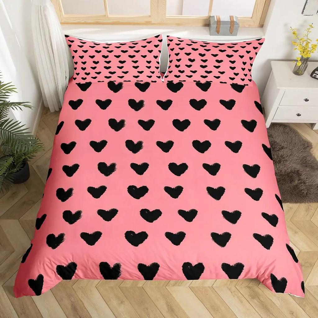 Love Heart Pattern Duvet Cover for Girls Women Pink Romantic Theme Bedding Set Room Decor,Valentine's Day Soft Comforter Cover