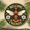 Vintage Bee Welcome Sign Round Aluminum Wall Art Floral Accents Home Decor Coffee Bar Wall Hanging