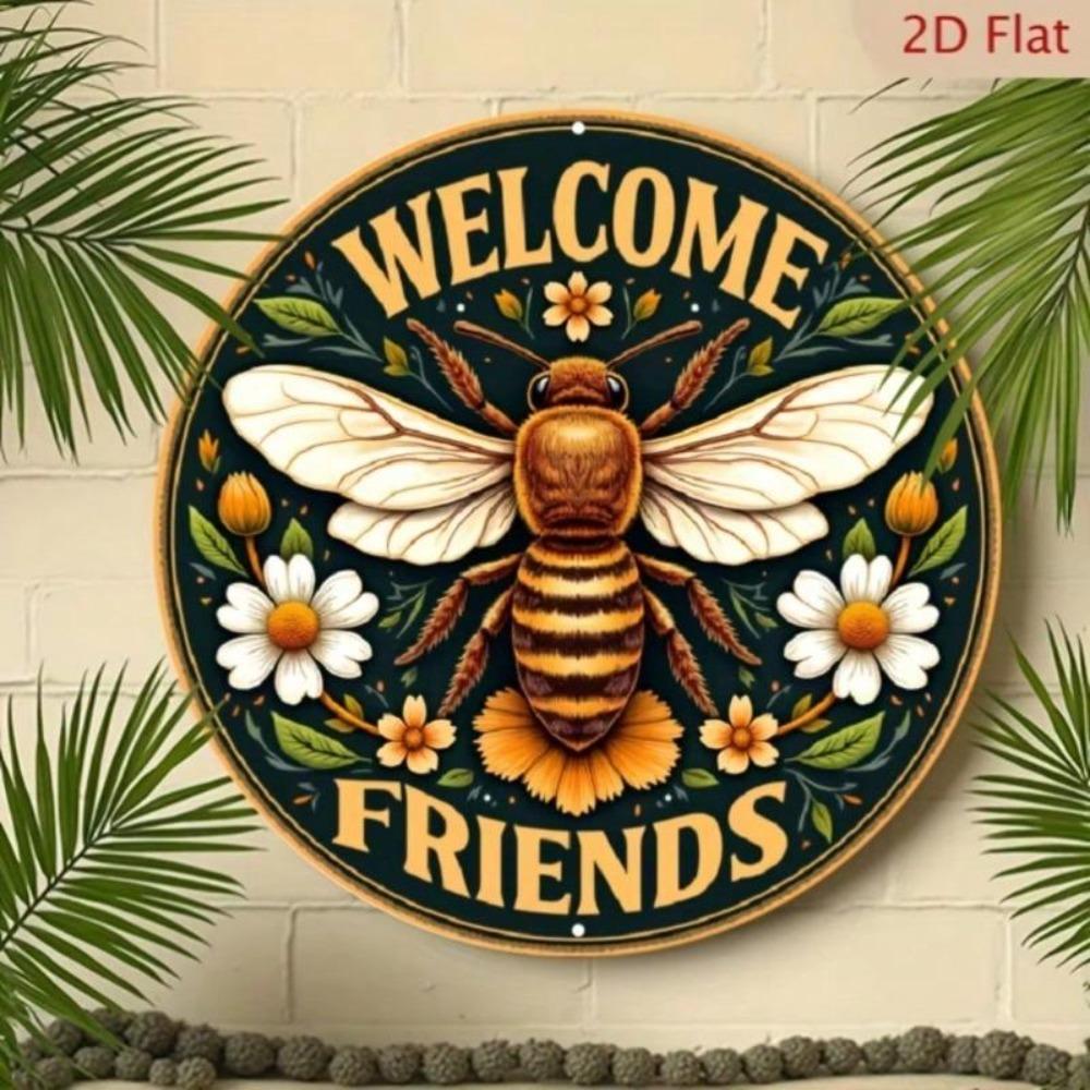 Vintage Bee Welcome Sign Round Aluminum Wall Art Floral Accents Home Decor Coffee Bar Wall Hanging