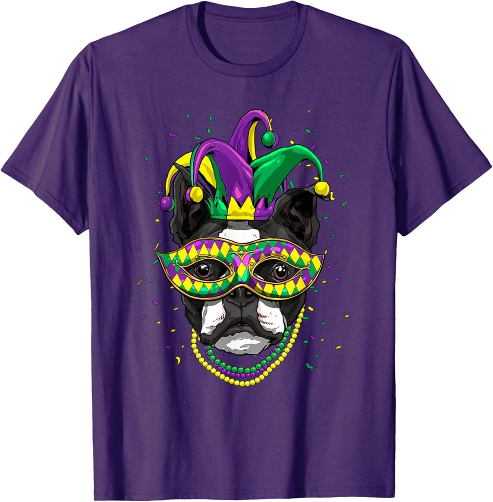 Boston Terrier Mardi Gras Jester Dog Graphic Tee Cute Carnival Print T-Shirt