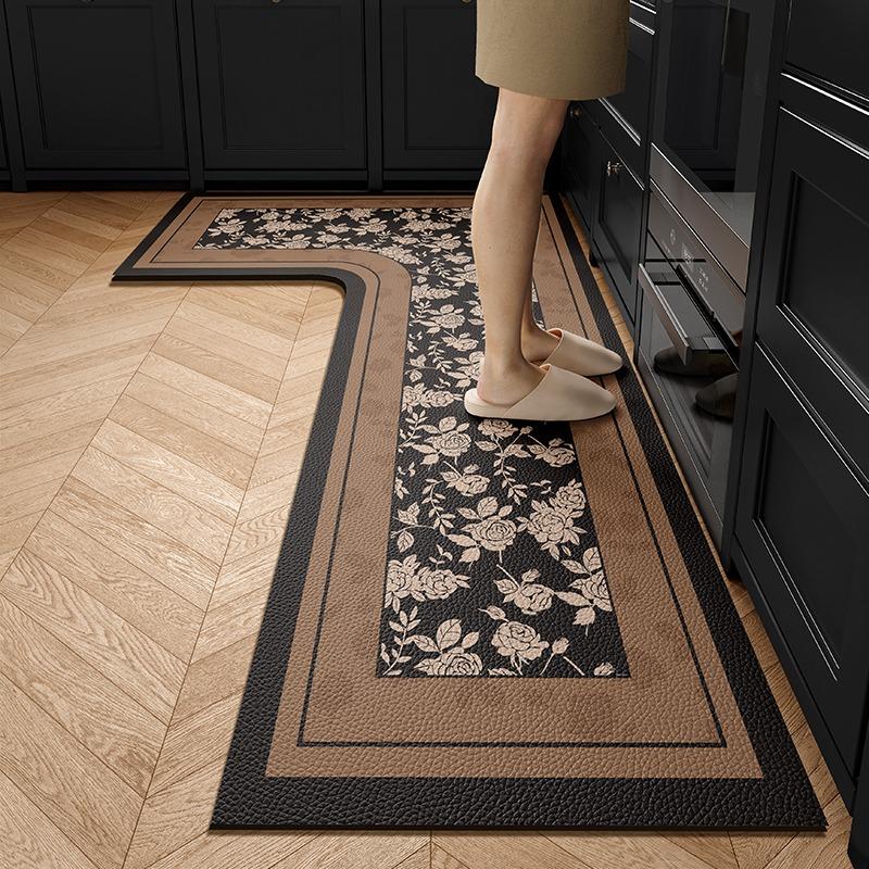 Kitchen Floor Mat PVC Waterproof Non-slip Carpet L Shape Brown Leather Foot Mat Floral Rug Texture Home Decorative Carpets