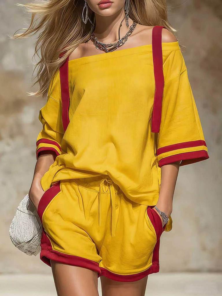 2026 Amazon European and American cross-border spring and summer women's suit off-the-shoulder top + shorts sports and leisure two-piece set