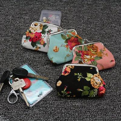 1pc Kiss Lock Coin Purse, Women's Stylish Small Canvas Floral Pattern Storage Bag Ofr Keys & Lipstick