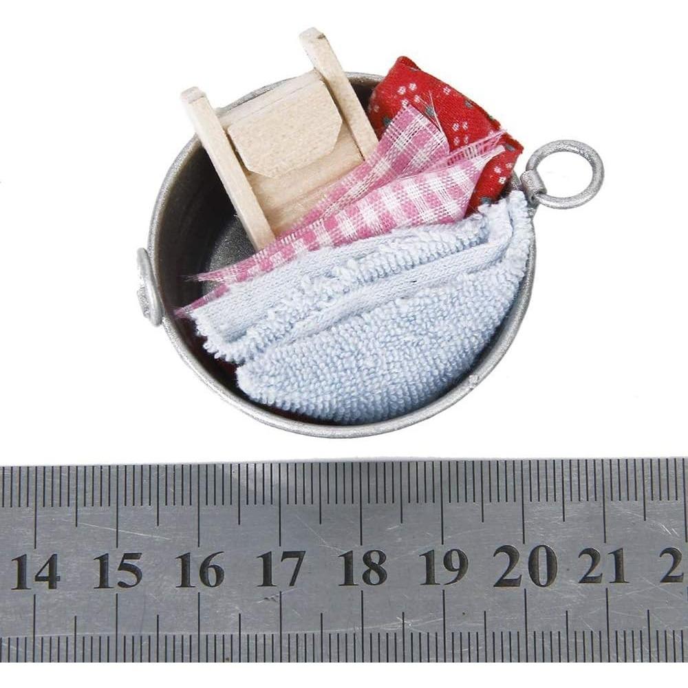 Gnome Accessories, Dollhouse Accessories Miniature Dolls Decorations, Mini Dollhouse Miniature Doll Playset Bathroom Washtub with Washboard Towel Set