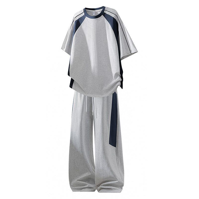 

Men s Patchwork T-Shirt & Loose Pants Summer Casual Set Large цветочный/белый
