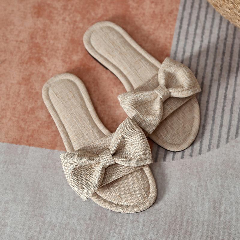 

Fashion Butterfly Knot Flat Bottom Leisure Slippers for Women Solid Round Head Open Toe Soft Soles Summer Slides Summer Women s Shoes 35