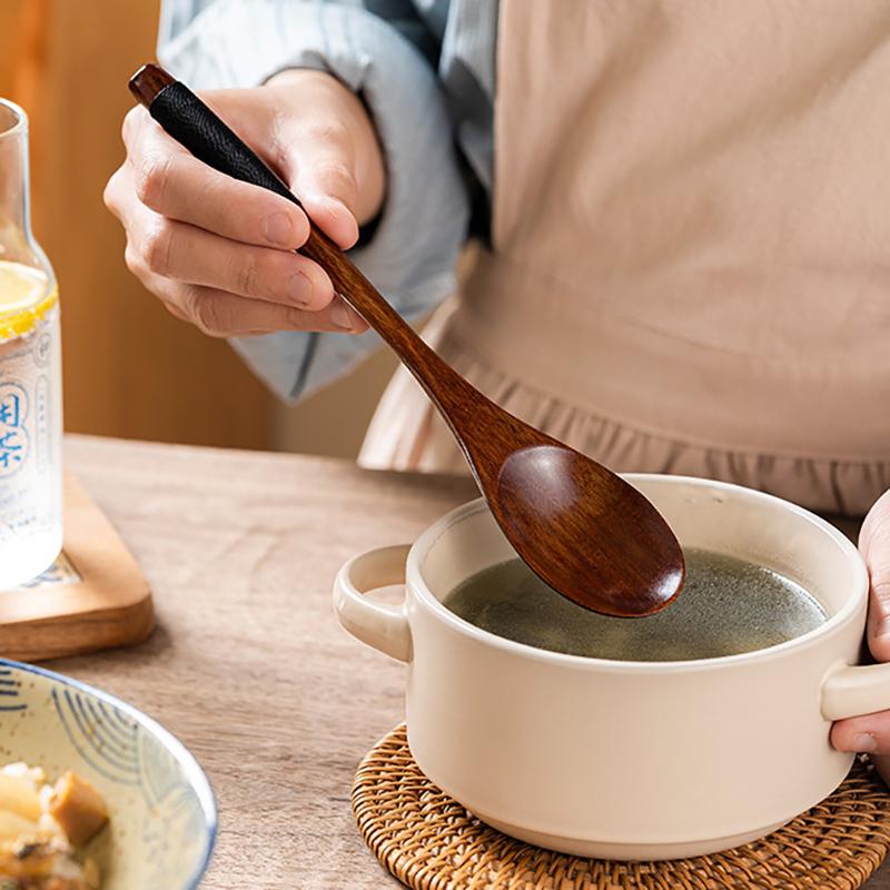 2Pcs Wooden Spoon Fork Dinnerware Set Long Handle Rice Soup Dessert Spoon Japanese Style Dinner Spoon and Fork Set Wood Cutlery