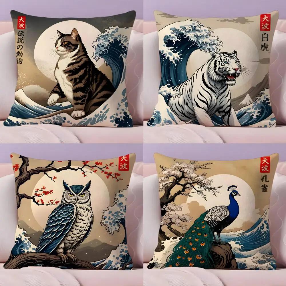 Animals The Great Wave Katsushika Hokusai Cushion Cover Plush Fabric Soft Double-Sided Printed Sofa Warm Home Gift Pillow Cover