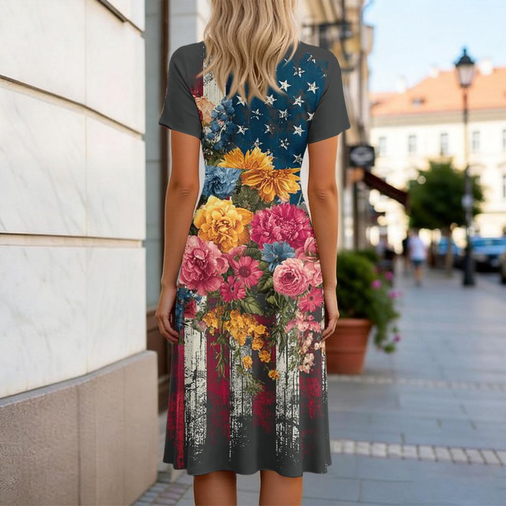 Women’s V Neck Short Sleeve Maxi Dress with Star and Floral Print 4th of July Dress Independence Day Dress Holiday Party Outfit