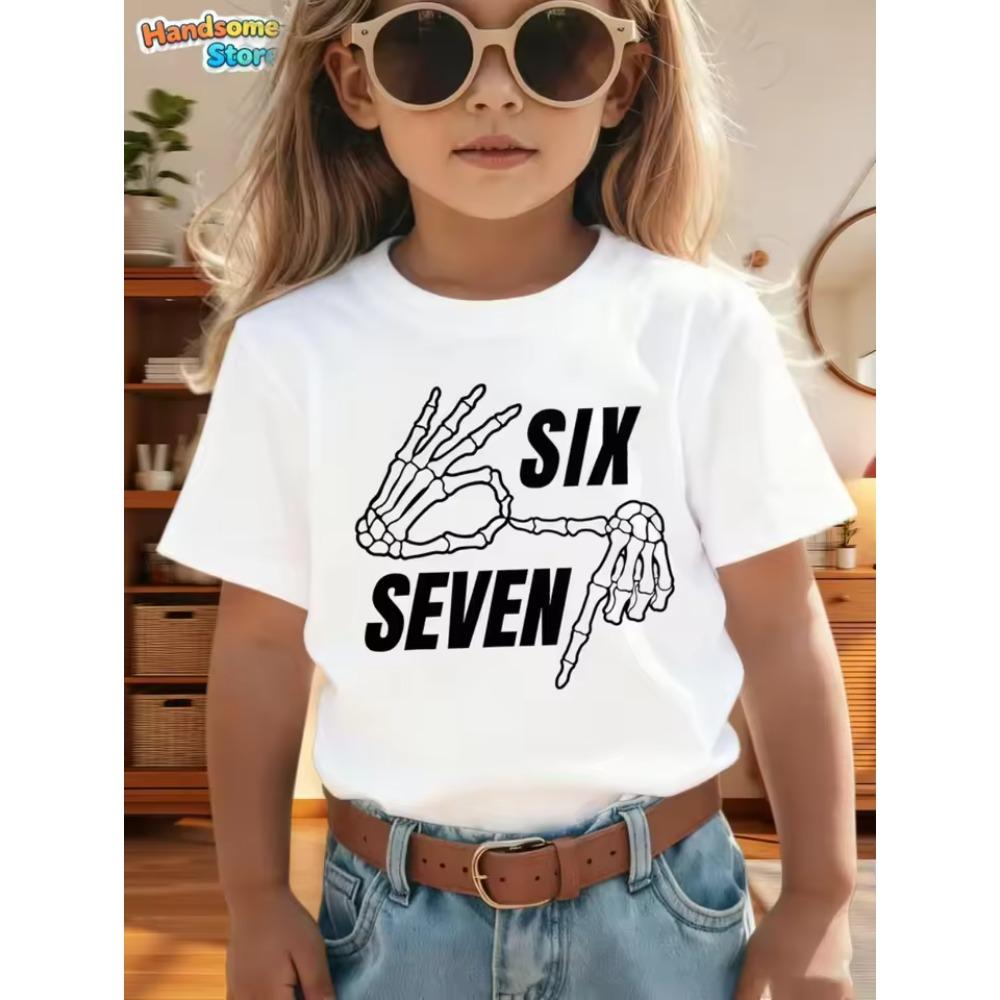 Summer Cartoon Bow Cute 67 Six Seven Print Kids Short Sleeved Shirt Cotton Casual Childrens Tshirt Girls Fashion Clothes Tees