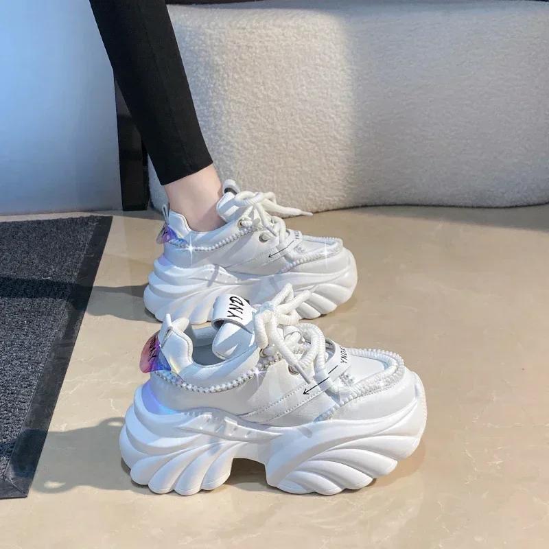 Fashion 7.5CM Fashion Women's Chunky Sneakers Black Platform Tennis Shoes for Women New Thick Bottom Breathable Leather Sports Dad Shoes