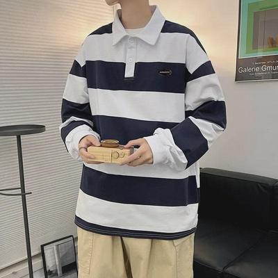 Men's Striped Long-Sleeve Polo Shirt, Japanese Style, Versatile Lapel T-Shirt, Trendy Hong Kong Youth Fashion