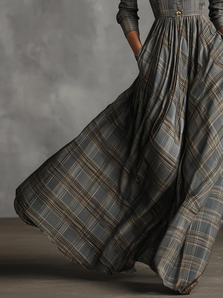 Women's Autumn Vintage Plaid Maxi Dress Elegant Graceful V-Neck French Style Long Dress