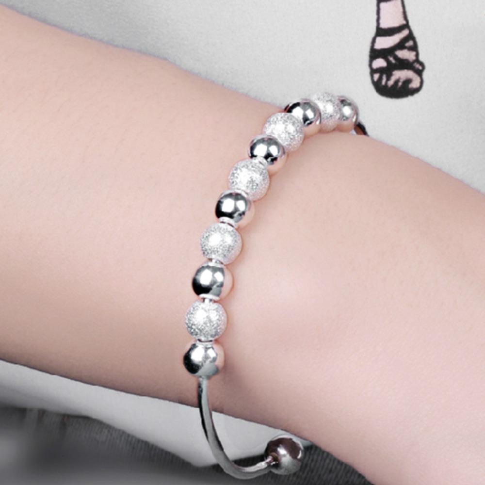 Silver Plated Rotating Beads Bracelet Women White Copper Bangle Nine Beads Lucky Charm