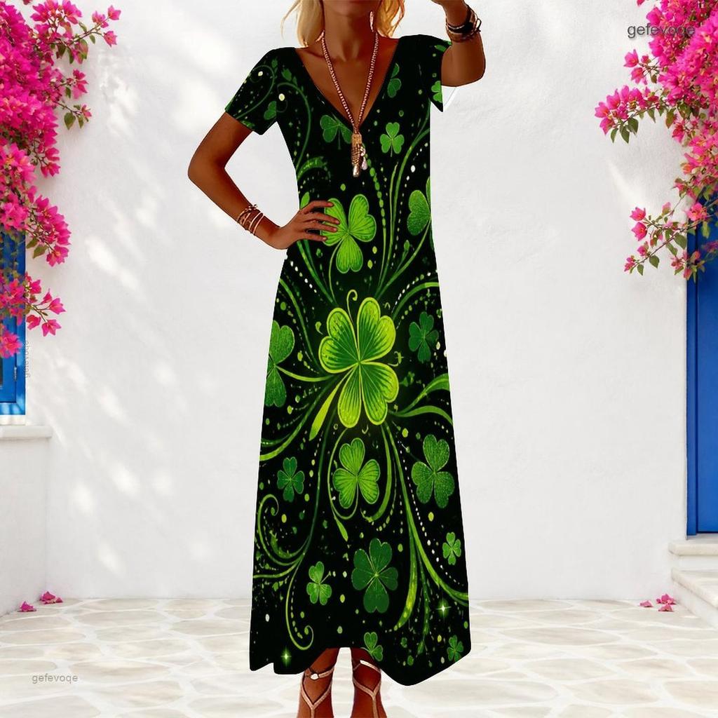 Women Plus Size V Neck Short Sleeve Dark Green Clover Printed Long Dress