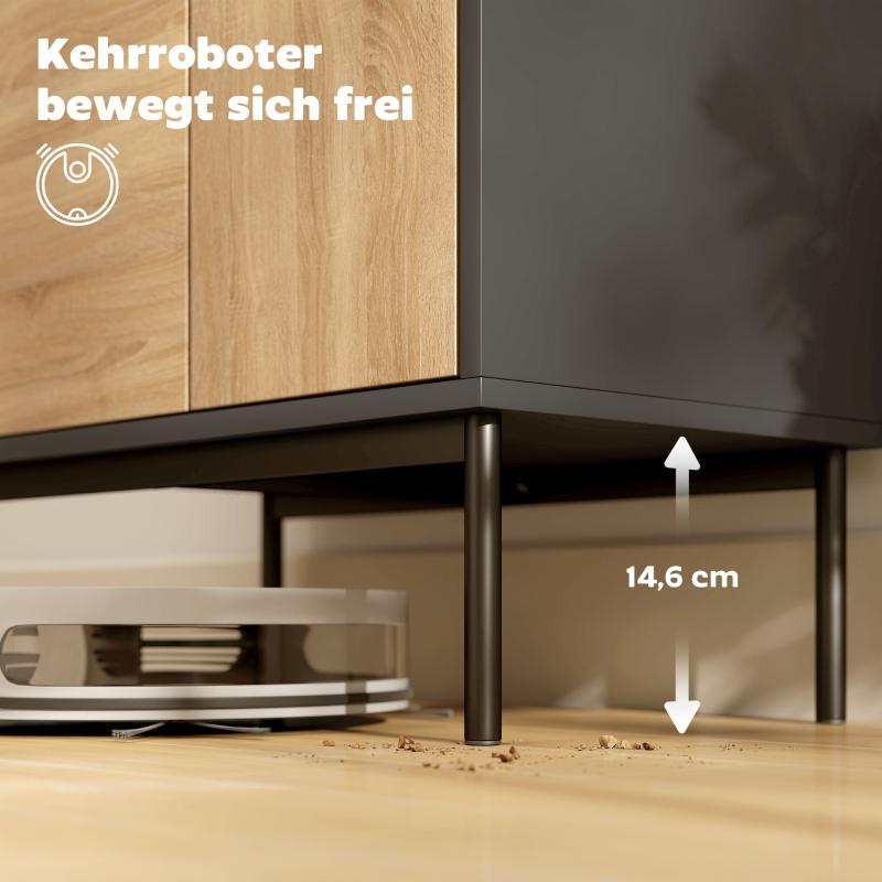 Sideboard with Push-to-open Doors. Dining Room Cabinet with Metal Legs. Kitchen Cabinet. MDF. Black + Natural Wood