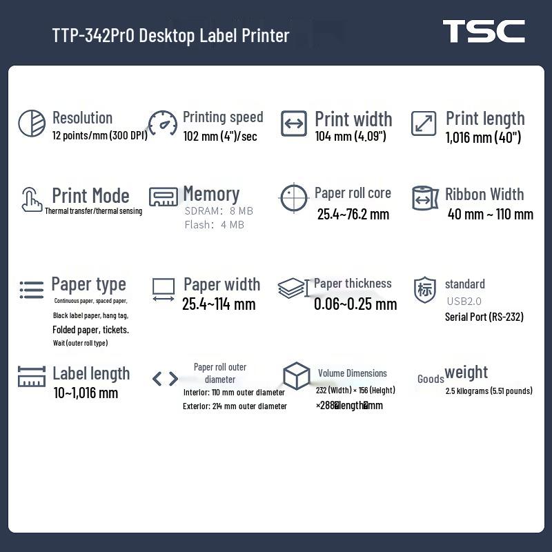TSC TTP-342Pro Thermal Label Printer CN Plug (adapter Included)