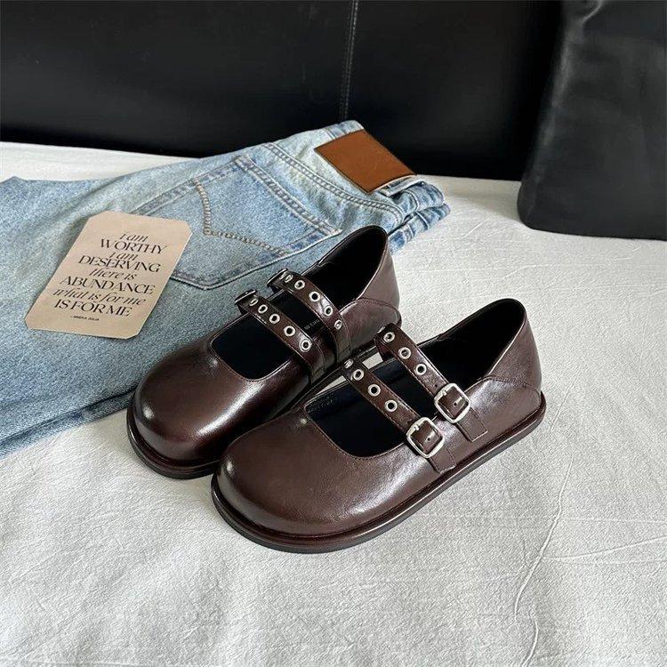 Fashion Comemore 2025 New Retro Mary Jane Flat Shoes for Women Round Toe Double Buckle Strap Flats Casual Solild Soft Leather Loafers