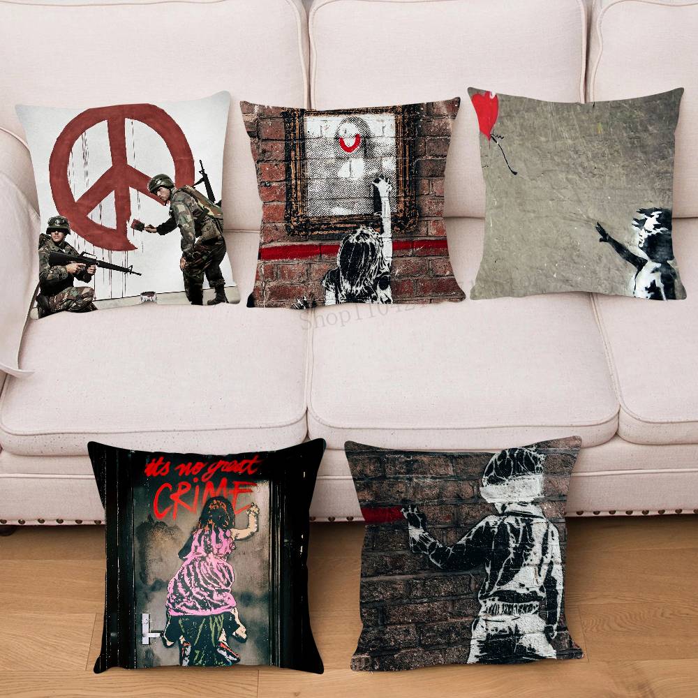 Federa Cuscino Banksy Graffiti Cuscino Quadrato Camera da Letto Divano Cuscino Comfort per il Tempo Libero Auto Soggiorno Decorazione per la Casa