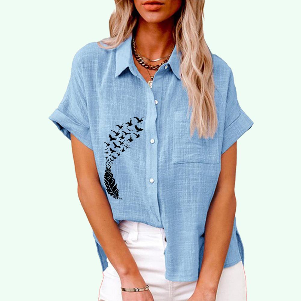 Women Fashion Print T-shirt Summer&autumn Casual Lapel Collar Top Ladies Buttoned-down Tee Shrit Loose Short Sleeve Blouses