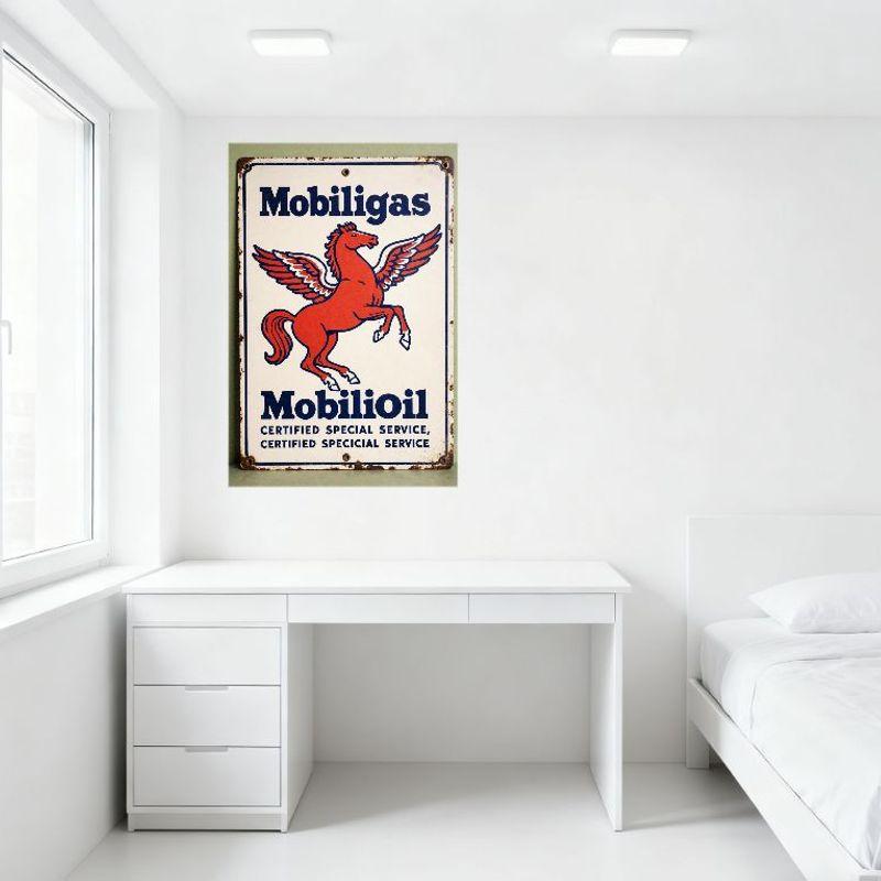 Vintage Mobilgas Mobil Oil Pegasus Metal Tin Sign with Rusty Edges Retro Mid-20th Century Advertising Plaque for Home Bar Cafe D