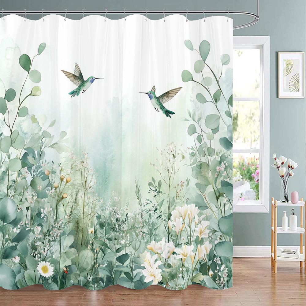 Spring Flowers and Plants Birds Shower Curtain, Bathroom Decorative Shower Curtain, Waterproof Shower Curtain with Hooks