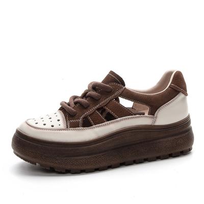 Summer Women Shoes 2025 Mixed Colors Genuine Leather Breathable Hollow Out Chunky Platform Lace-Up Women Casual Sneakers
