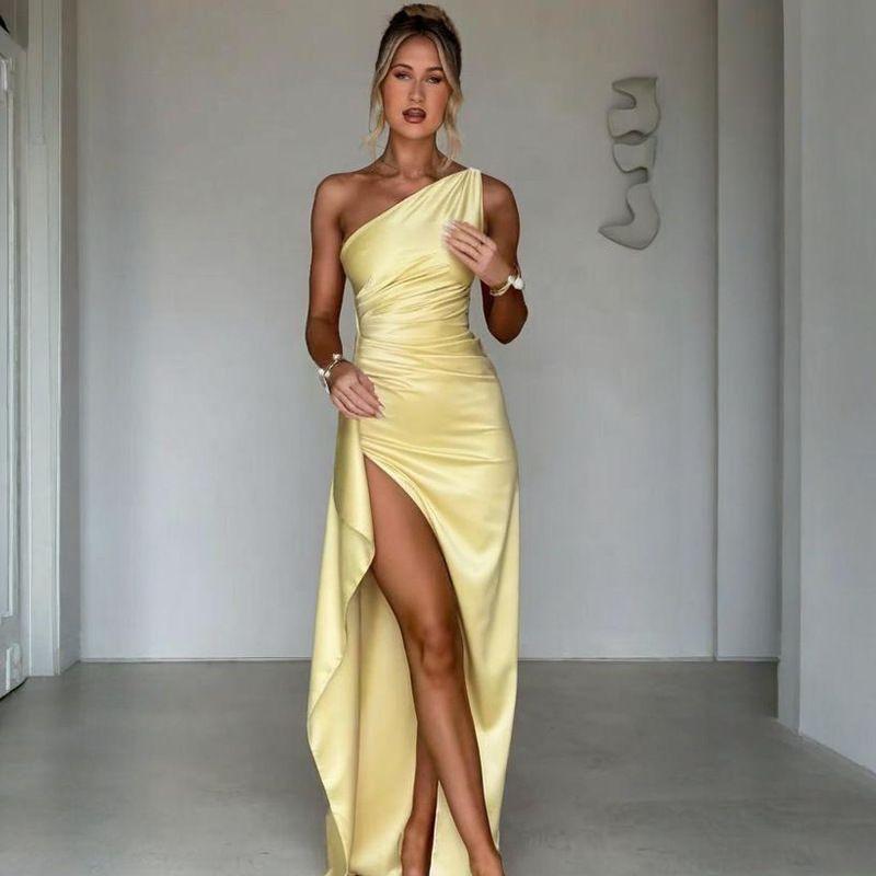 

In Stock 2025 Summer New European and American Cross-Border Foreign Trade Oblique Collar Split Women clothes Sexy Slim fit Evening dress Dress Yellow S